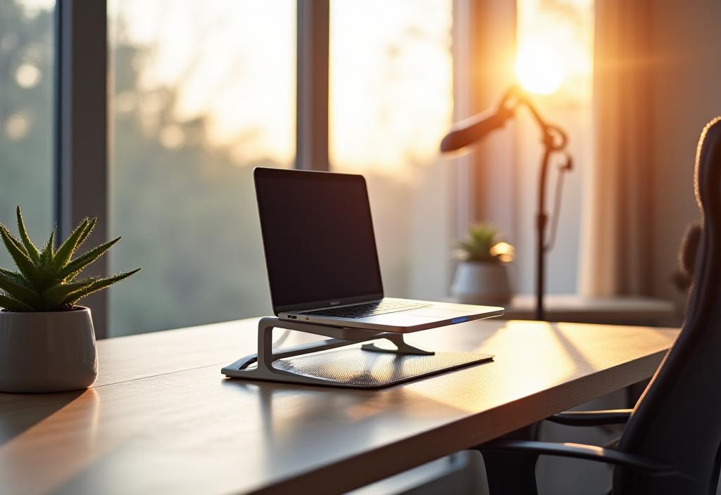A clean workspace showing a Mac laptop on a ventilated stand