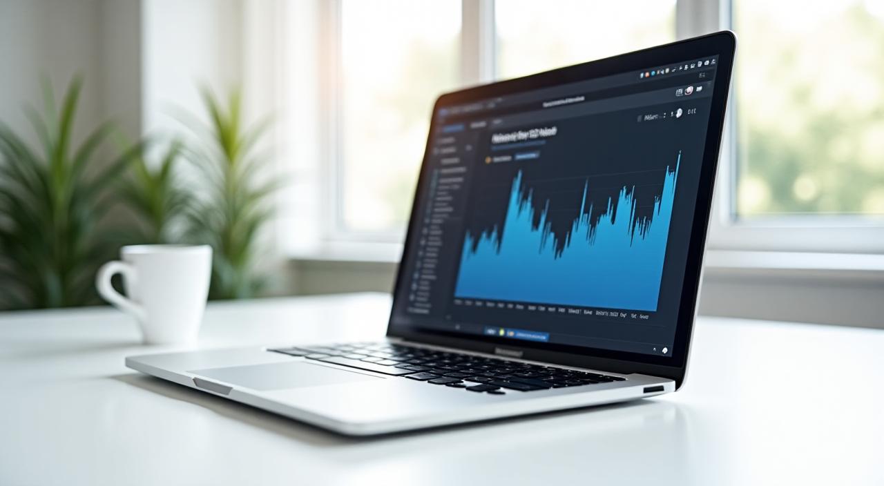 Close up of a sleek Mac workstation in a bright, modern office with focus on system performance metrics