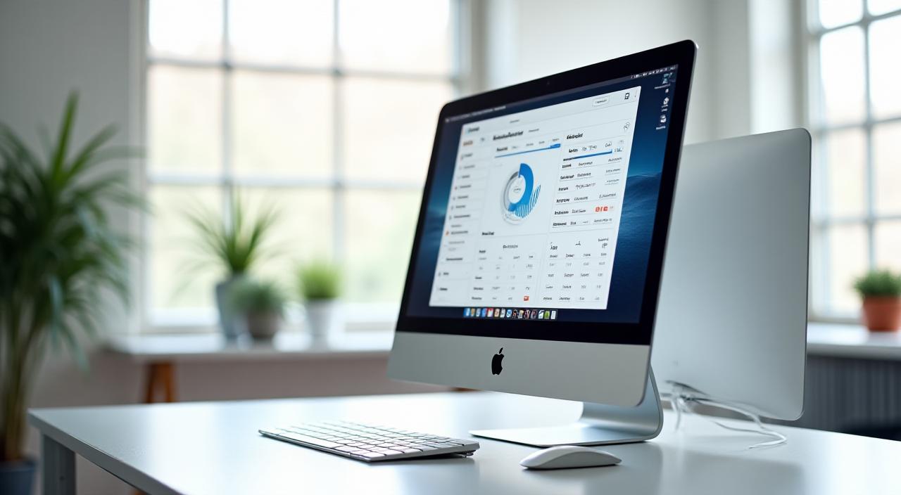 Close up of professional creative using a high-end Mac setup with performance monitoring dashboard visible